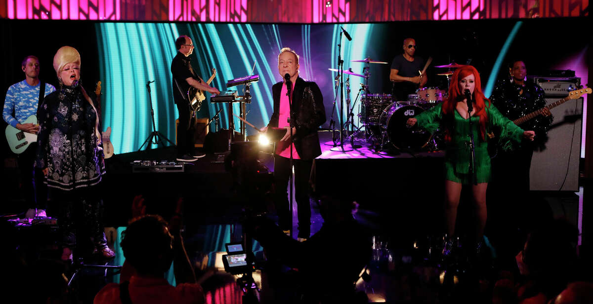The B-52's perform on "Jimmy Kimmel Live!" on Wednesday, April 27, 2022.