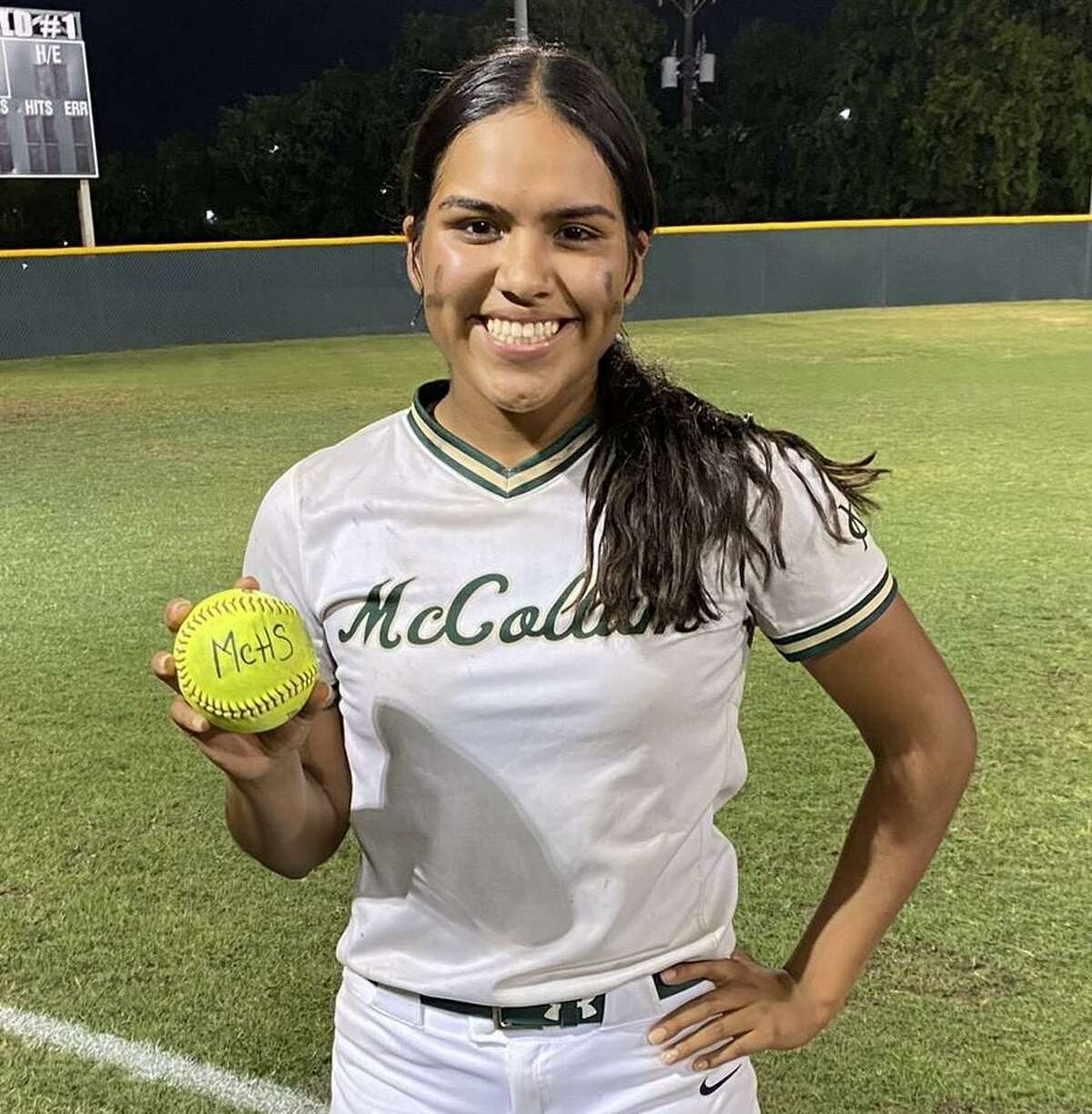 Rosalyn Rodriguez, a junior outfielder for McCollum, poses with the ball she hit for a wal-off three-run homer in the bottom of the 11th in the Cowboys’ 5-2 victory over Boerne Champion on Friday, May, 6, 2022 at Northside Field.