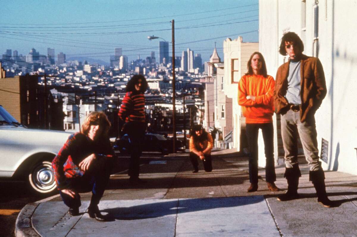 American psychedelic rock band the Grateful Dead pose on the corner of 20th and Connecticut in Potrero Hill, San Francisco, circa 1965.