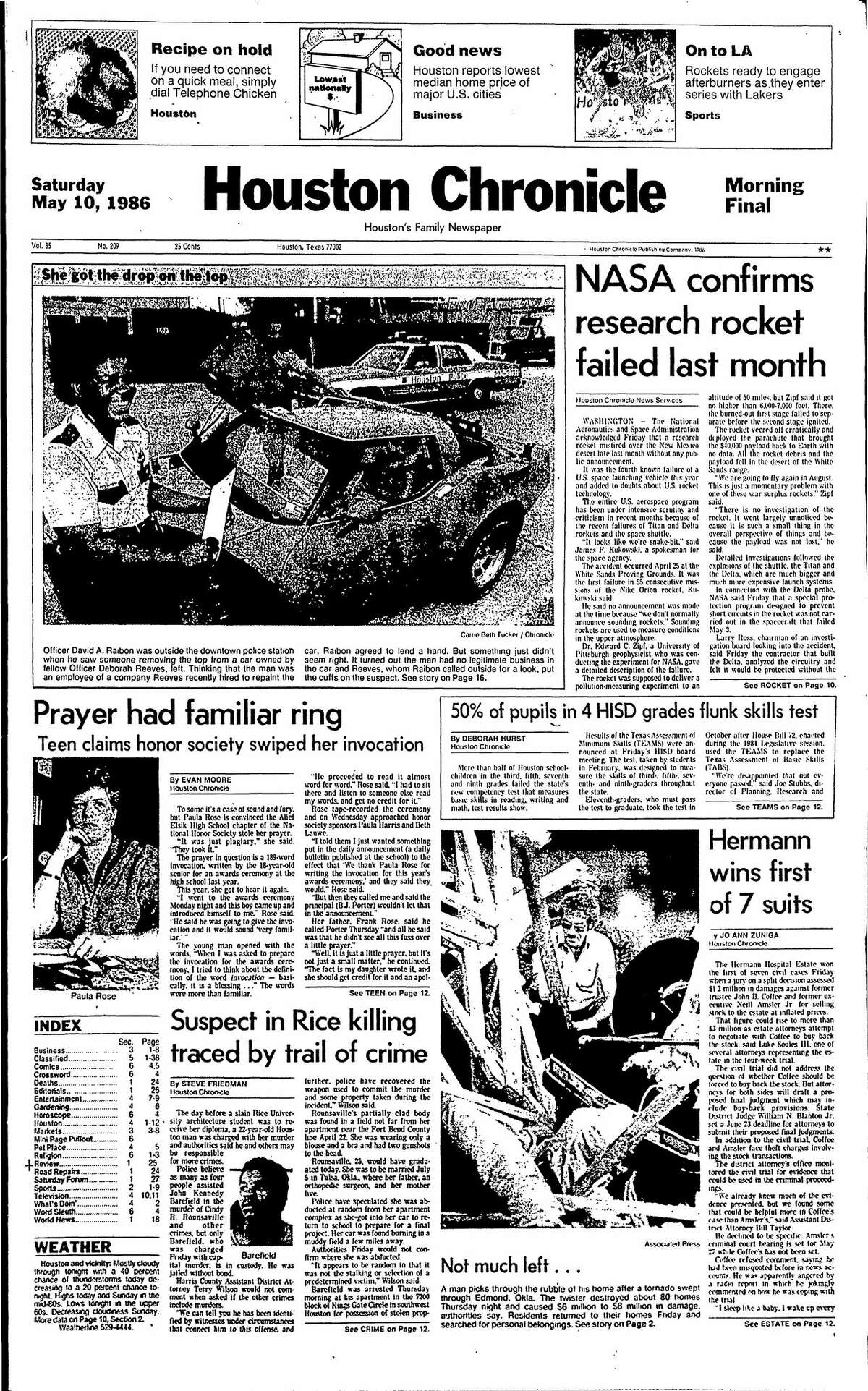 Houston Chronicle front page for May 10, 1986.