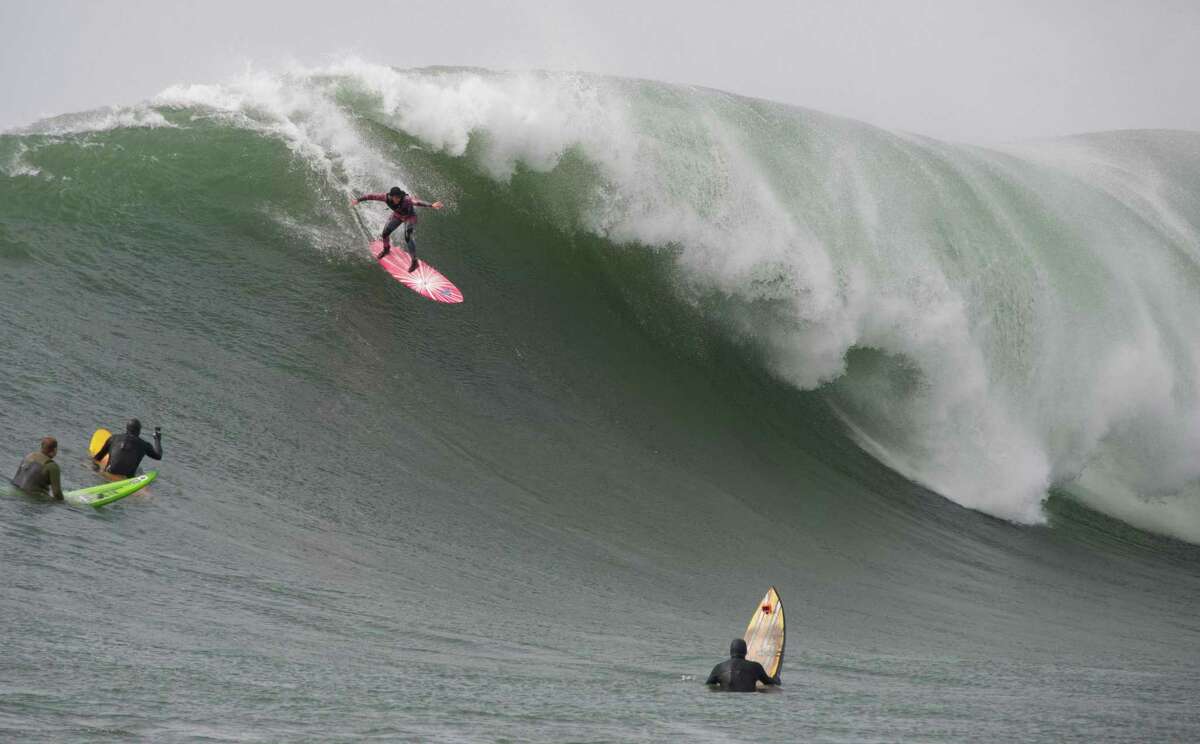 San Francisco surfer Bianca Valenti air-drops into a wave at Mavericks.
