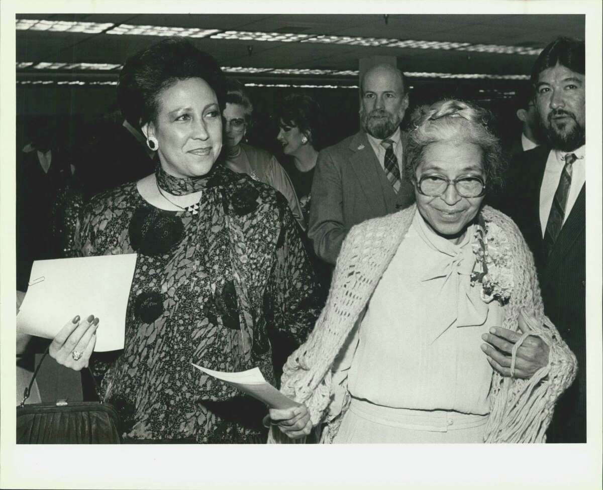 Aaronetta Pierce is pictured with Rosa Parks at the Martin Luther King banquet;  Aaronetta Pierce in 1987.