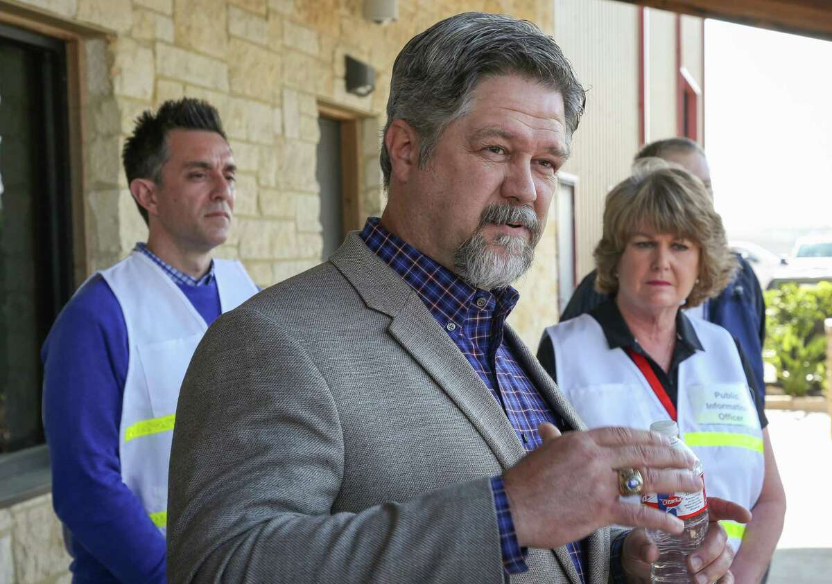 Deer Park mayor Jerry Mouton speaks to reporters during a press conference after a benzene spike was detected near the Intercontinental Terminals Company site where the petrochemical fire took place Friday, March 22, 2019, in Pasadena, Texas.