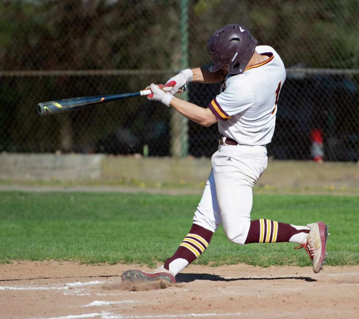 Colonie pitcher Tyler Sausville hits a home run during a baseball game against Averill Park at Cook Park on Monday, May 9, 2022 in Colonie, N.Y.