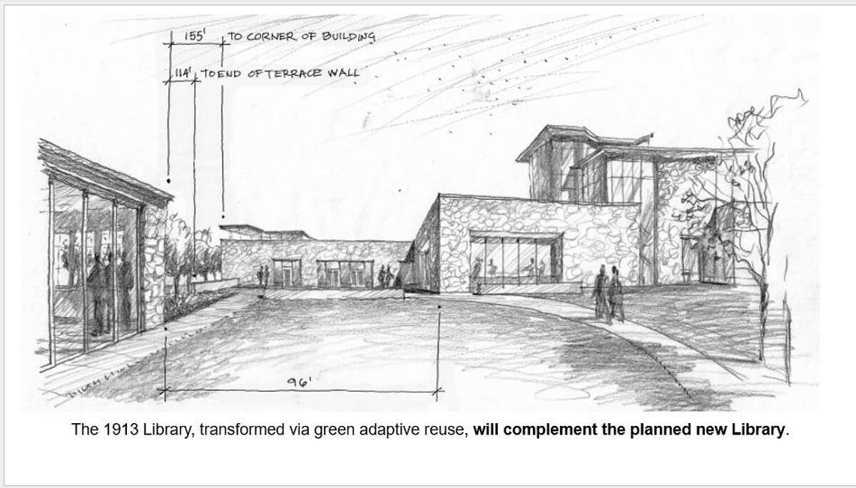 A rendering by Mark Markiewicz shows the 1913 library remaining where it is, with the back made of a glass curtain that opens to the .5-acre green near the corner of Cherry and Main streets in New Canaan.