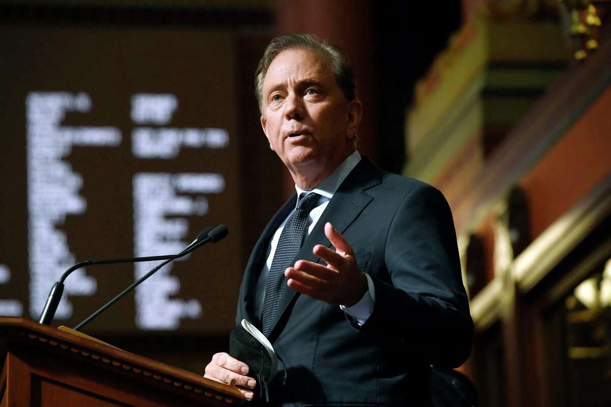FILE - In this Feb. 9, 2022 file photo, Connecticut Gov. Ned Lamont delivers the State of the State address during opening session at the State Capitol in Hartford, Conn. Democrats in Hartford endorsed Gov. Ned Lamont to run for a second term in office. Facing Republican Bob Stefanowski in November, Lamont is touting the roughly $600 million in tax cuts included in the new, revised state budget that cleared the General Assembly this month. (AP Photo/Jessica Hill, File)