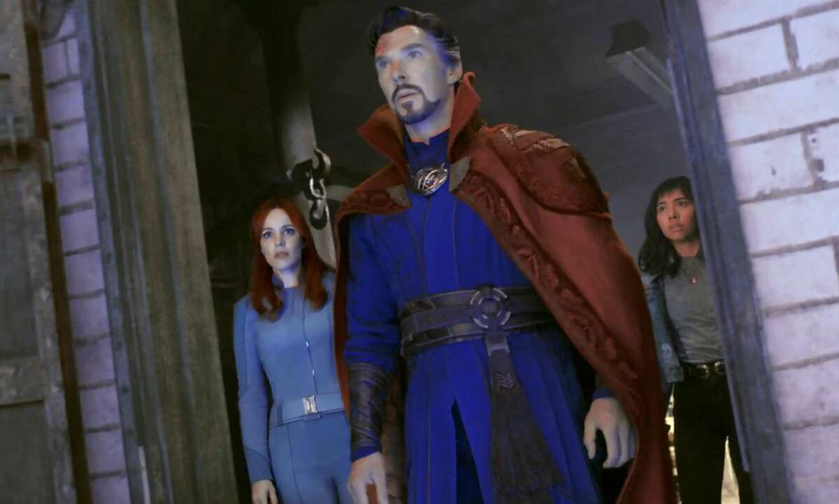 From left, Rachel McAdams, Benedict Cumberbatch and Xochitl Gomez appear in the confusing "Dr. Strange in the Multiverse of Madness."