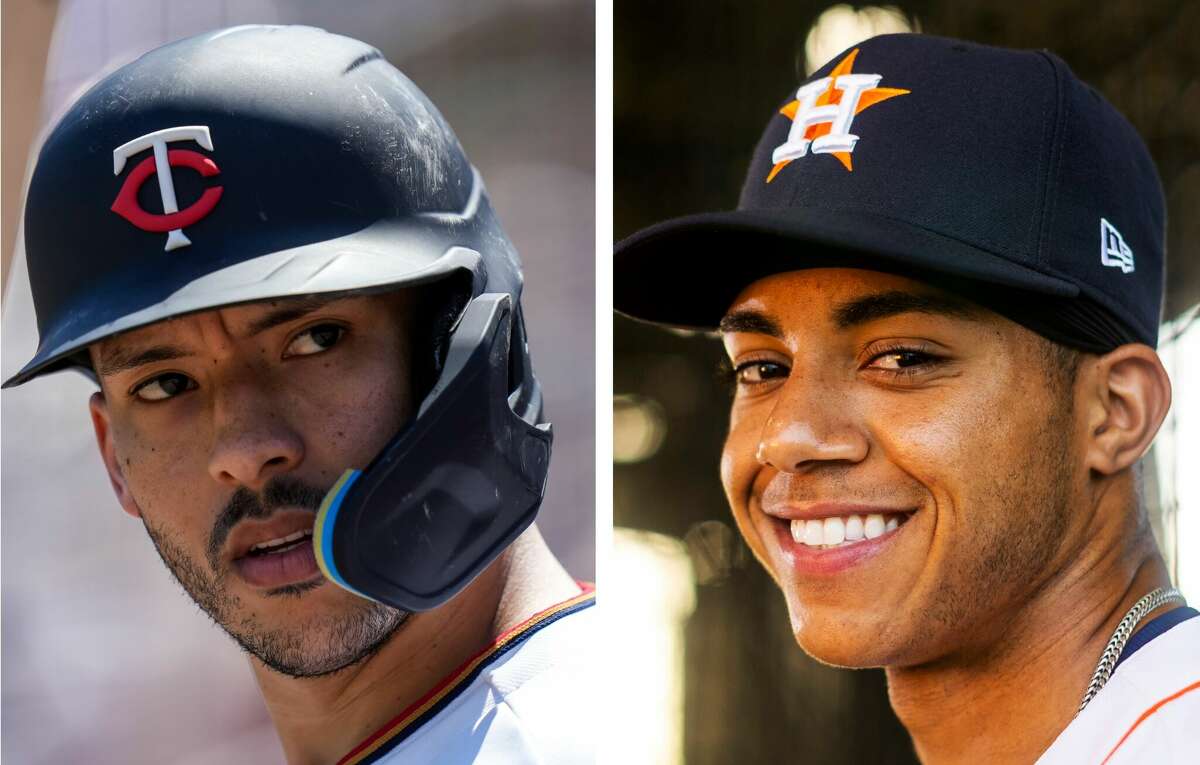 The Astros' Jeremy Peña (right) is off to a good start in trying to fill the role left vacant when Carlos Correa (left) signed with the Minnesota Twins before the season.