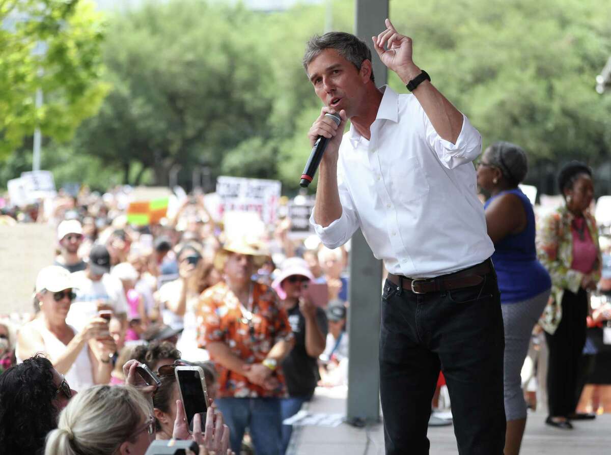 Beto O’Rourke addresses the crowd during an abortion rights rally at Discovery Green on Saturday, May 7, 2022 in Houston.