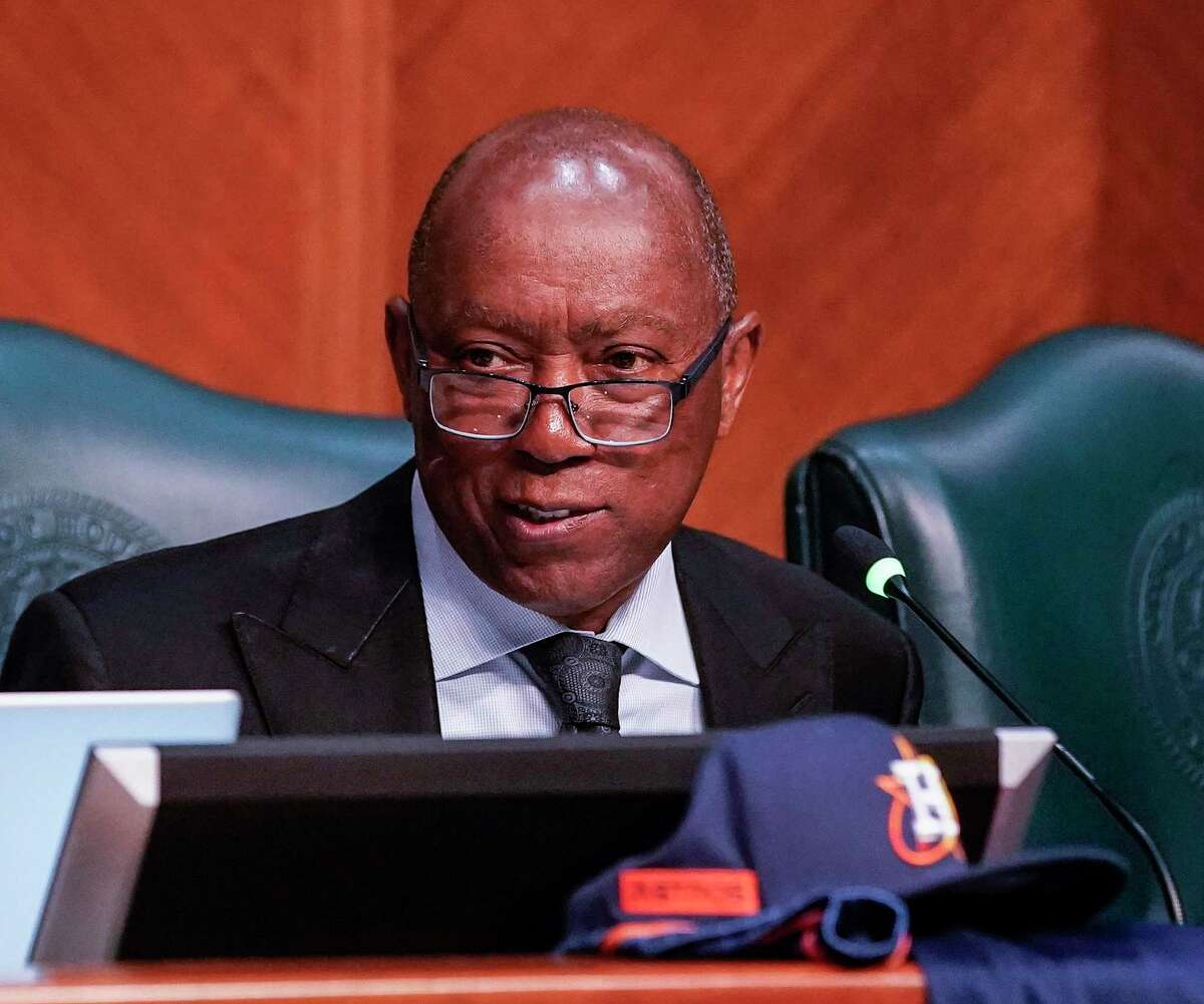 Mayor Sylvester Turner in City Council chambers at City Hall on Wednesday, April 13, 2022 in Houston. Turner unveiled his proposal for the 2023 budget on Tuesday.