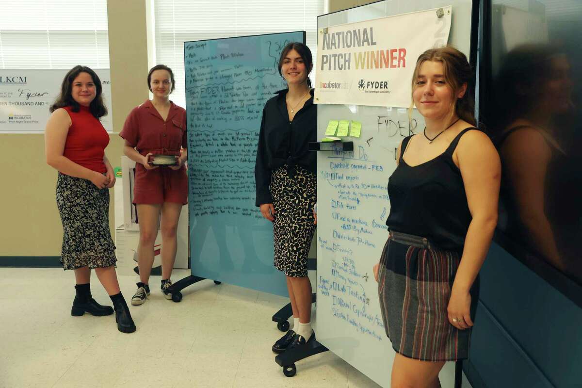 Alamo Heights High School seniors from left, Timandra Rowan, 18, Liv Humphries, 18, Jamie Mayes, 18 and Ava Gutierrez, 18, at the school’s Heights Business Incubator, Tuesday, May 10, 2022. They started FYDER, a company that recycles used #5 plastics into filament used for 3D printing. They are in the Heights Business Incubator program at the high school and have won several awards and monies with their idea.