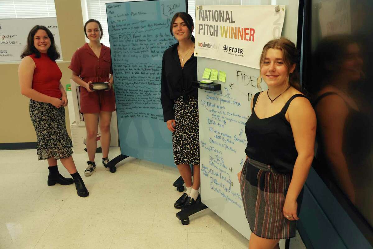 Alamo Heights High School seniors from left, Timandra Rowan, 18, Liv Humphries, 18, Jamie Mayes, 18 and Ava Gutierrez, 18, at the school’s Heights Business Incubator, Tuesday, May 10, 2022. They started FYDER, a company that recycles used #5 plastics into filament used for 3D printing. They are in the Heights Business Incubator program at the high school and have won several awards and monies with their idea.