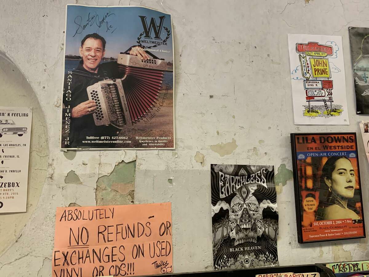 Signed poster of local musician Santiago Jimenez at Hogwild Records. 