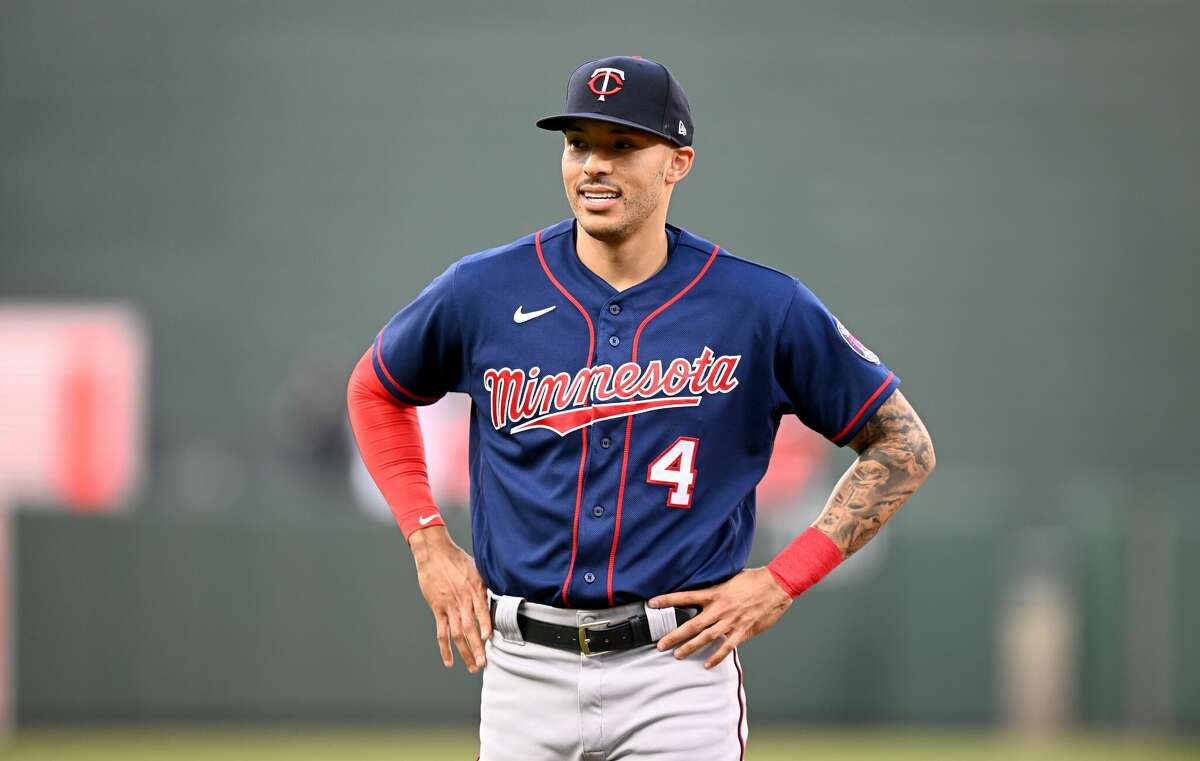 Carlos Correa of the Minnesota Twins warms up before the game against the Baltimore Orioles at Oriole Park at Camden Yards on May 4, 2022 in Baltimore, Maryland.