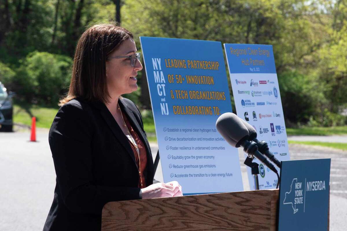 Doreen Harris, president and CEO of NYSERDA, speaks at an event held to talk about hydrogen vehicles on Tuesday, May 10, 2022, in Albany, N.Y.  (Paul Buckowski/Times Union)