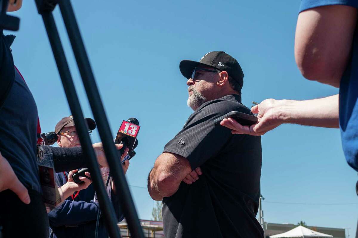 ValleyCats manager Pete Incaviglia talks to members of the press during ValleyCats media day on Tuesday, May 10, 2022, in Troy, N.Y. (Paul Buckowski/Times Union)