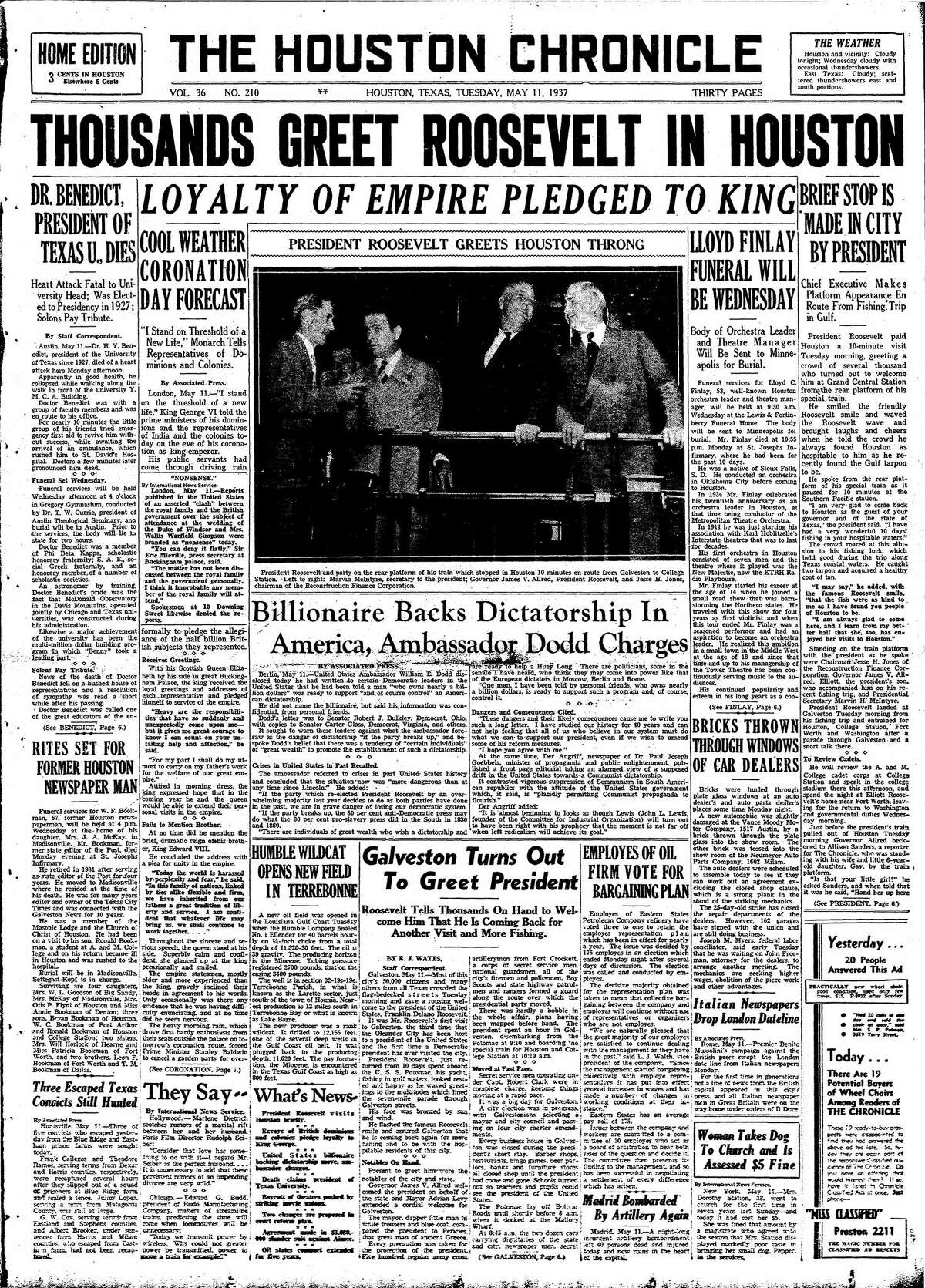 Houston Chronicle front page from May 11, 1937. 