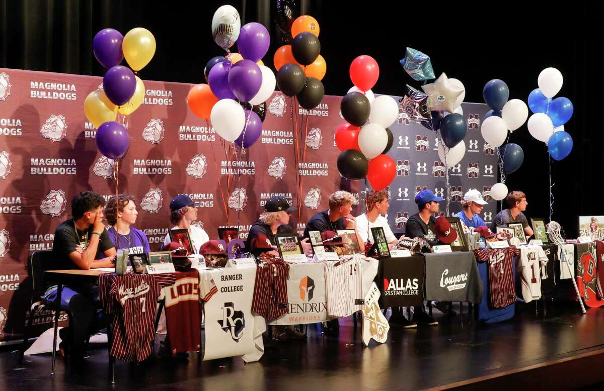 Nine athletes from Magnolia High School signing to play sports at various colleges during a ceremony, Tuesday, May 10, 2022, in Magnolia.