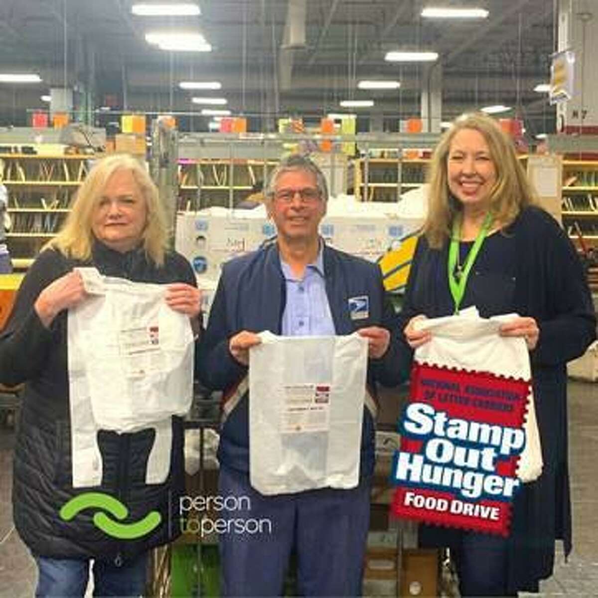 Person to Person and the National Association of Letter Carriers are teaming for the Stamp Out Hunger Postal Food Drive on Saturday. From left, Dominick Frattaroli, vice president of branch 60 of the NALC; Kate Lombardo, executive director of the Food Bank of Lower Fairfield County; and Nancy Coughlin, CEO of Person to Person, meet at the USPS sorting facility in Stamford.