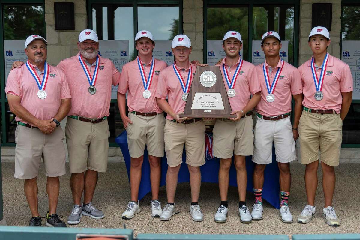 The Woodlands team poses for a photo with the second place trophy during a Class 6A boys golf state golf tournament in Georgetown, Wednesday, May., 10, 2022. ( Stephen Spillman / for the Chronicle )