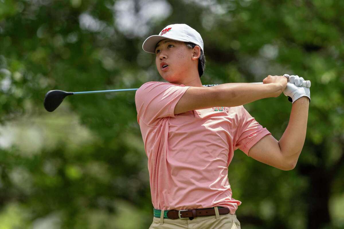 The Woodlands’ Daniel Zou hits from the 18th tee box during a Class 6A boys golf state golf tournament in Georgetown, Wednesday, May., 10, 2022. ( Stephen Spillman / for the Chronicle )