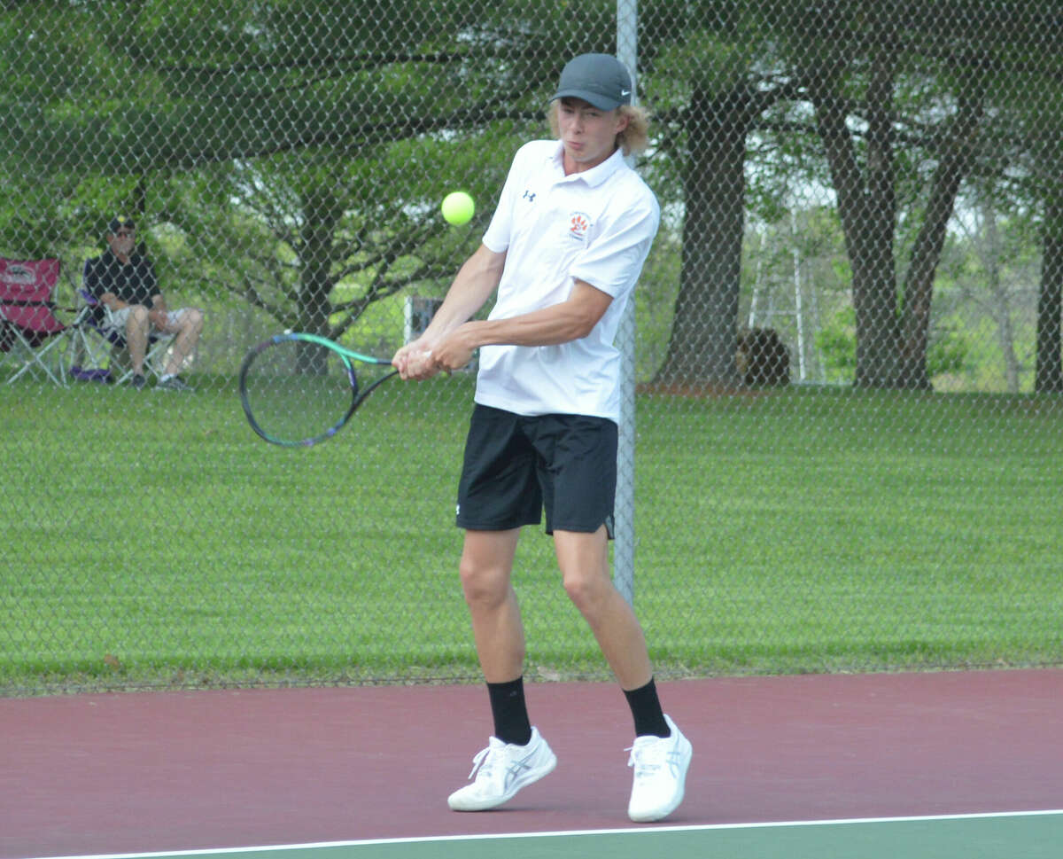 Colton Hulme won 6-1, 6-1 in singles against Belleville West on Tuesday at the Edwardsville Tennis Center. 