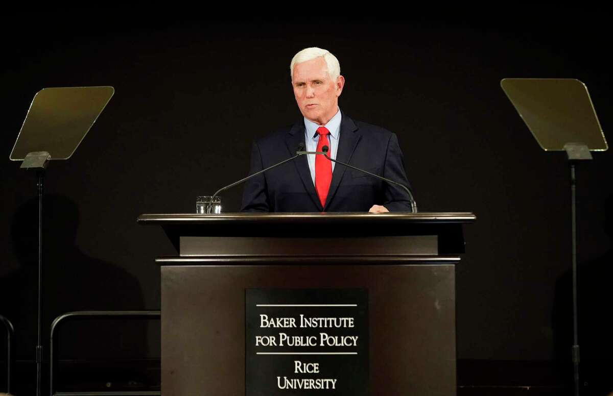 Former Vice President Mike Pence speaks to an audience about U.S. energy policy and a path to increasing energy security at the Baker Institute for Public Policy on the campus of Rice University on Tuesday, May 10, 2022 in Houston.