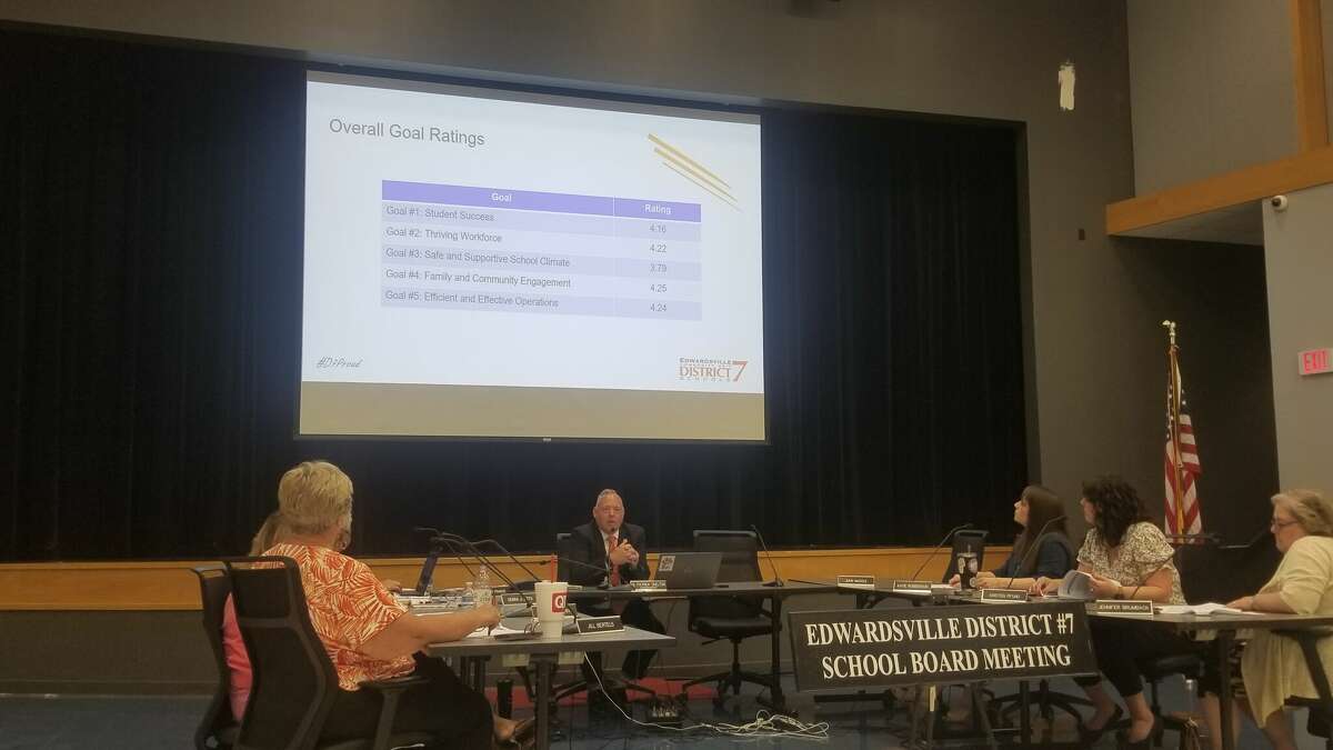 Superintendent Patrick Shelton discusses some of the feedback from the online survey regarding the District 7 Strategic Plan during Monday's special Board of Education workshop meeting. 