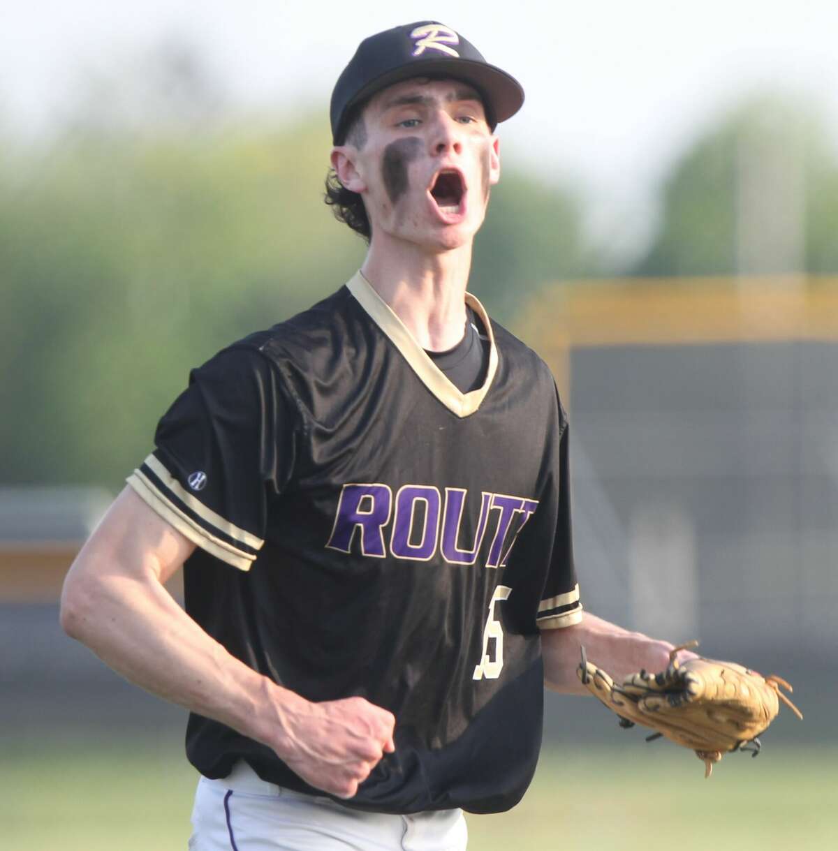 Routt's Ethan Walker reacts after striking out the side in the seventh inning of the Rockets' 2-1 win over Greenfield-Northwestern in the semifinals of the WIVC baseball tournament at Future Champions in Jacksonville on Tuesday.