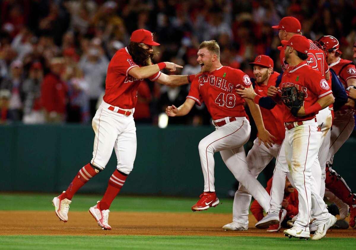 ANAHEIM, CALIFORNIA - MAY 10: Reid Detmers #48 of the Los Angeles Angels celebrates a no-hitter against the Tampa Bay Rays at Angel Stadium of Anaheim on May 10, 2022 in Anaheim, California. (Photo by Ronald Martinez/Getty Images)