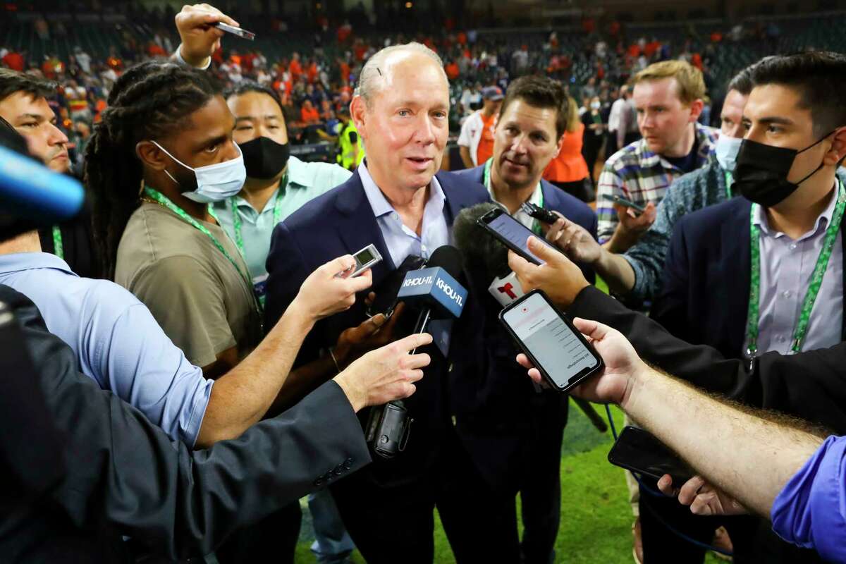 Astros owner Jim Crane speaks with the media after Game 6 of the American League Championship Series on Friday, Oct. 22, 2021 at Minute Maid Park in Houston.