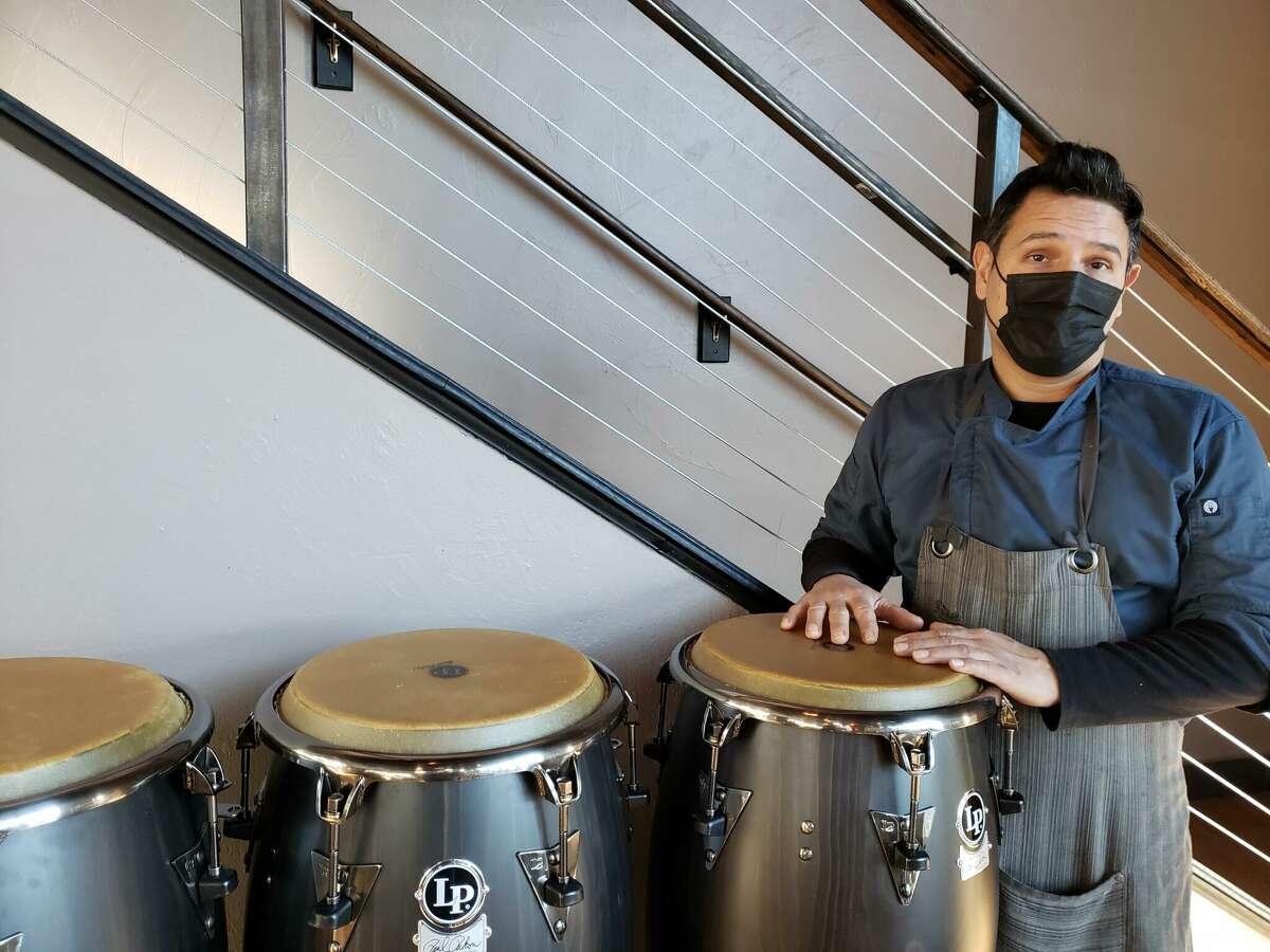 Chef and owner Renato Donzelli with his conga drums at Basso Restaurant and Wine Bar in Westport, Connecticut. 