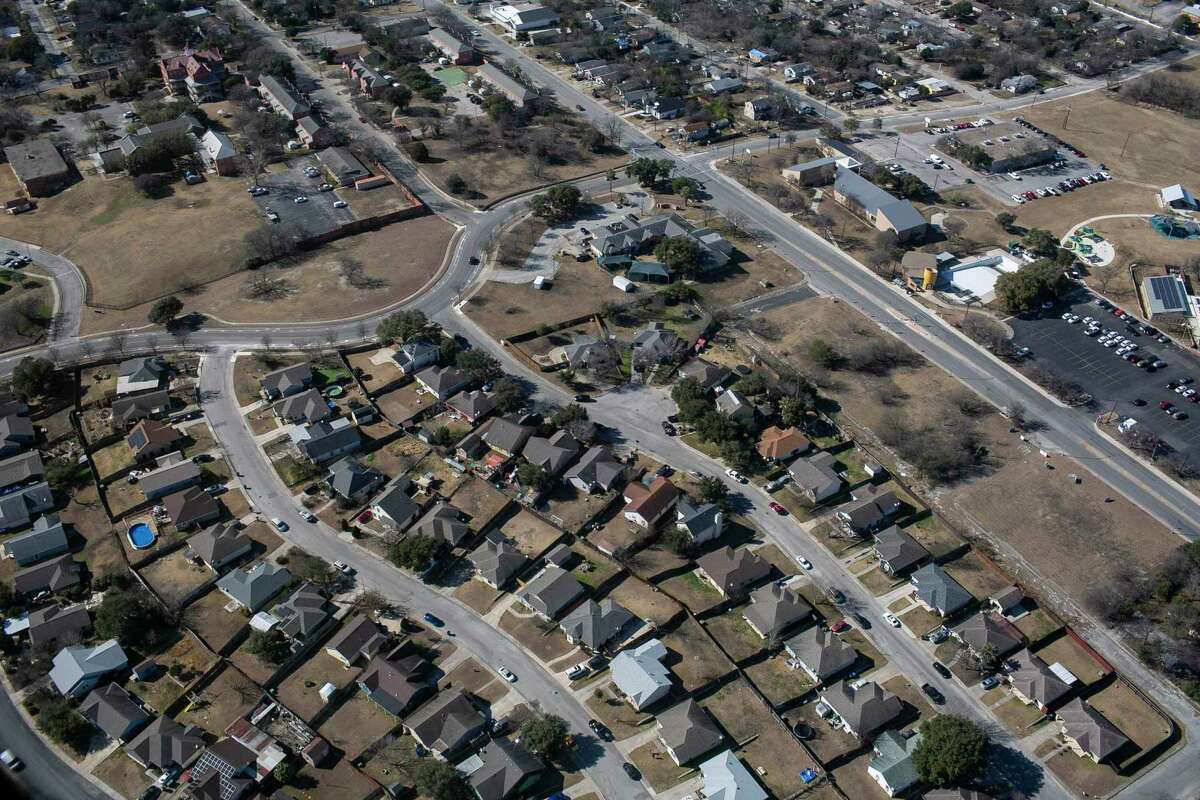 A San Antonio neighborhood as seen from the air in San Antonio, Texas, on Feb. 10, 2022.