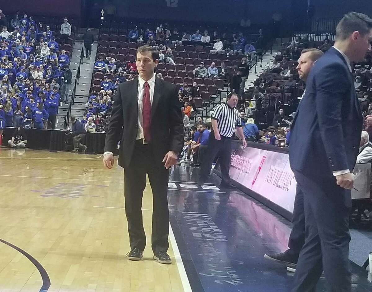 Jeff Bernardi, seen here coaching for East Lyme in the ECC Championship game at the Mohegan Sun Arena on March 1, 2022, is the new boys basketball coach at St. Joseph.