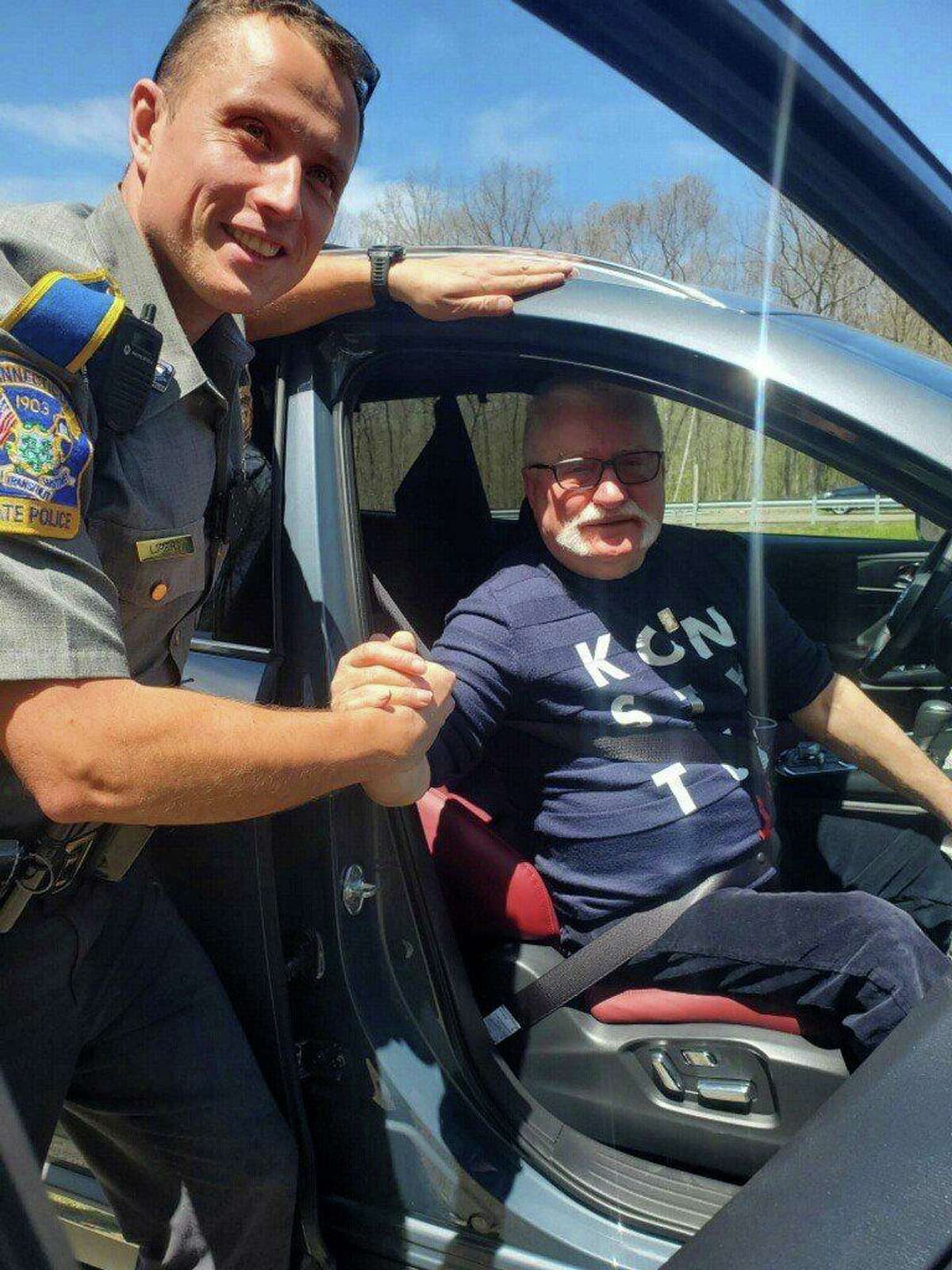 A state trooper was called to Interstate 84 in Tolland Wednesday afternoon to help Lech Walesa, the former president of Poland and a Nobel Peace Prize laureate, with a flat tire.