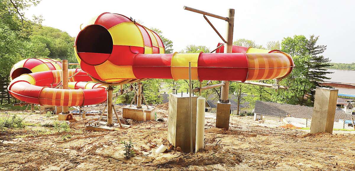 John Badman|The Telegraph The mud is drying out and work is continuing on construction of the Mississippi Monster Slide on the side of a hill at Raging Rivers WaterPark in Grafton.
