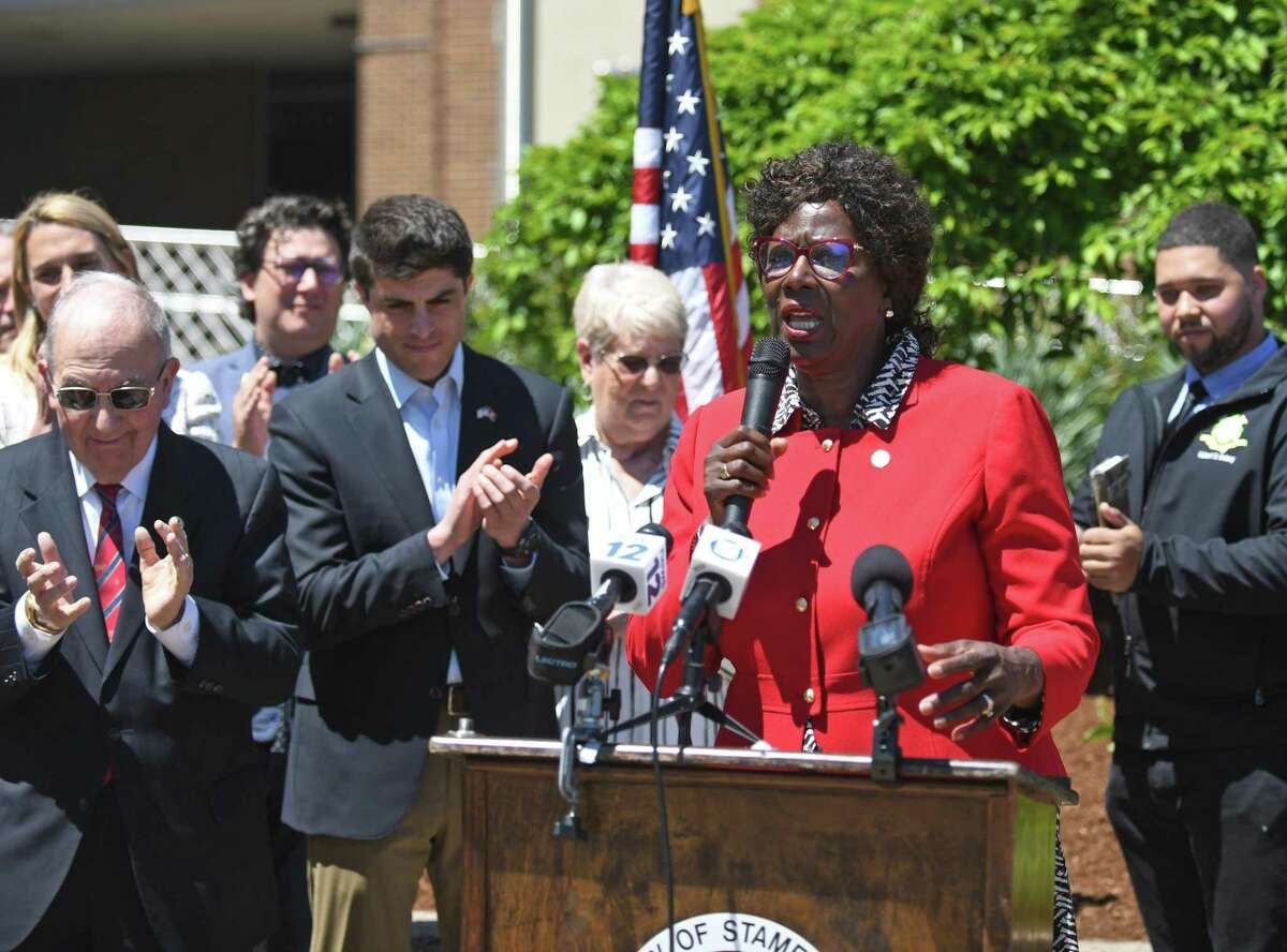 State Sen. Patricia Billie Miller, D-Stamford, speaks during a press conference to announce school construction funding at Westhill High School in Stamford, Conn. Wednesday, May 11, 2022. A provision in the state's new budget bill will reimburse the construction of a new Westhill High School at a rate of 80 percent of the estimated $258 million project.