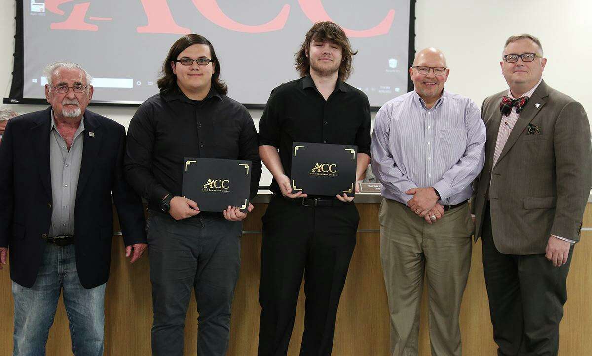Alvin Community College regents recognize students named to All-State Band during an April 28 board meeting. From left are: regent Roger Stuksa, flute player Rally Ermenc, euphonium player Jake Wendorf, band director David Griffith and regent Darren Shelton. Learn more at www.alvincollege.edu.