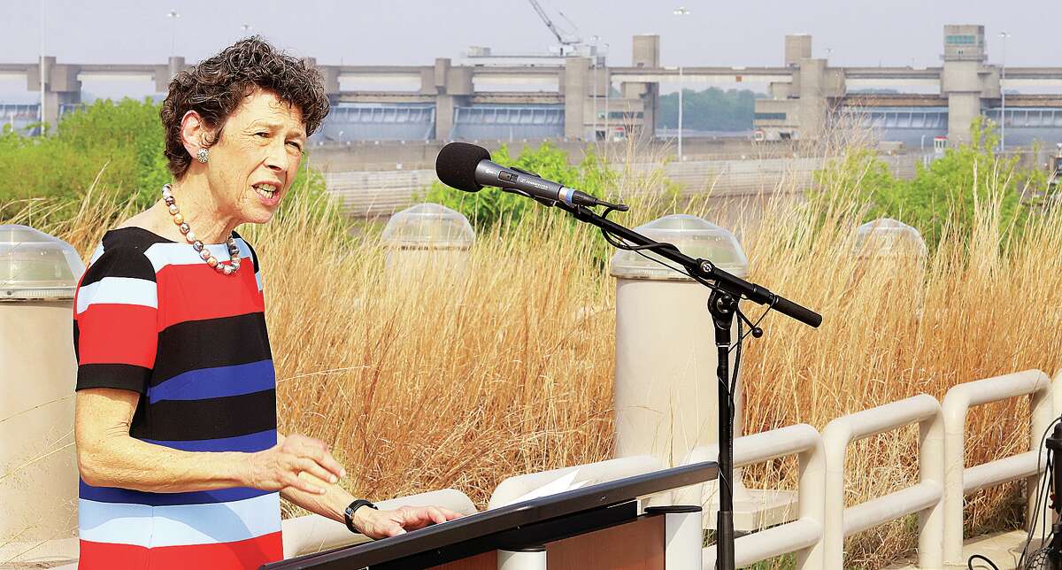 John Badman|The Telegraph U.S. EPA Region 5 Administrator Debra Shore speaks at a press conference Wednesday on the roof of the National Great Rivers Research and Education Center Field Station near Alton Locks and Dam 26 in Alton. Shore said new federal infrastructure money will mean progress on river projects.