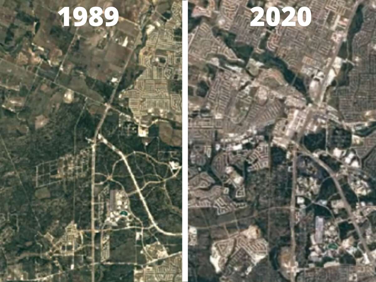 On the left, is a Google satellite image from 1989, and on the right is Alamo Ranch in 2020. 
