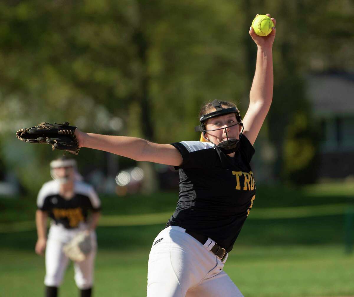 Troy's Olivia DeCitise throws a pitch during a softball game against Bethlehem earlier this season. She is 15-2 with a 1.21 earned-run average this season with 227 strikeouts.
