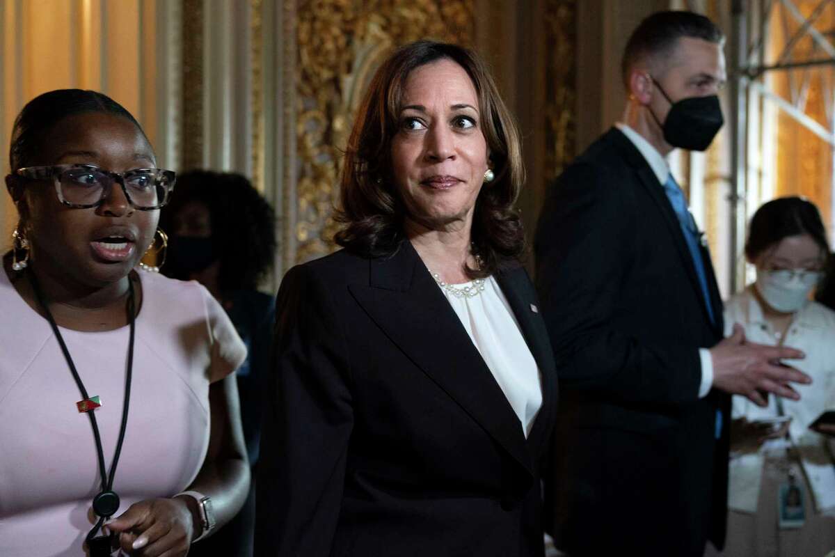 Vice President Kamala Harris leaves the Senate chamber following a procedural vote on the Women's Health Protection Act that did not pass on May 11, 2022. (AP Photo/Jacquelyn Martin)