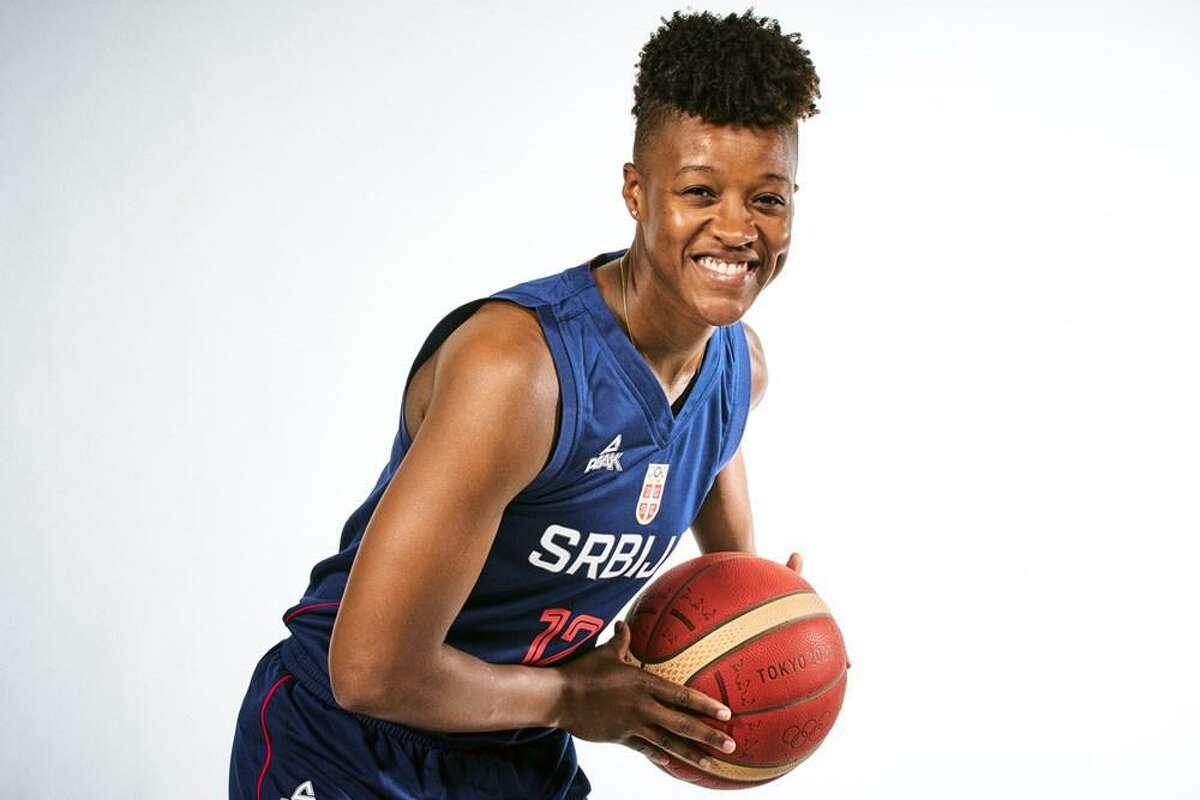 Connecticut Sun guard Yvonne Anderson as a member of the Serbia Women's National Team at the 2020 Olympics.