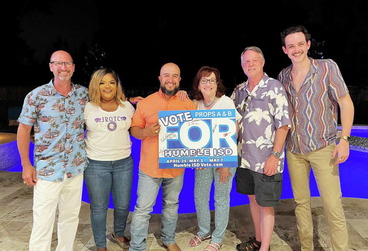 Humble ISD V.O.T.E. political action committee members celebrated late Saturday when they realized voters had pushed the two bonds far enough ahead they could relax the rest of the evening. V.O.T.E. members and leadership from left are Josh Morrison, Aisha Robinson, Asdrubal “Dru” Gutierrez, Chair, Deborah Rose Miller, Treasurer, Mike Feild, and Jordan Buish.