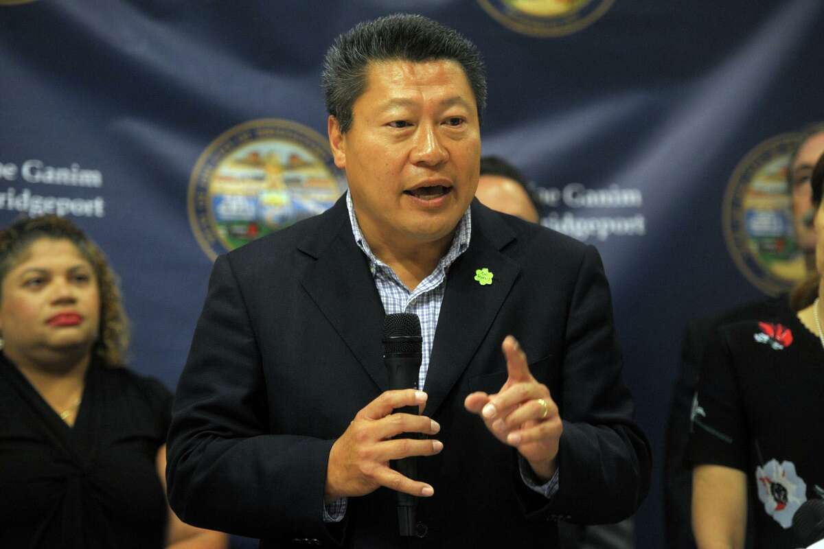 State Sen. Tony Hwang, of Fairfield, speaks during a press conference in Bridgeport.