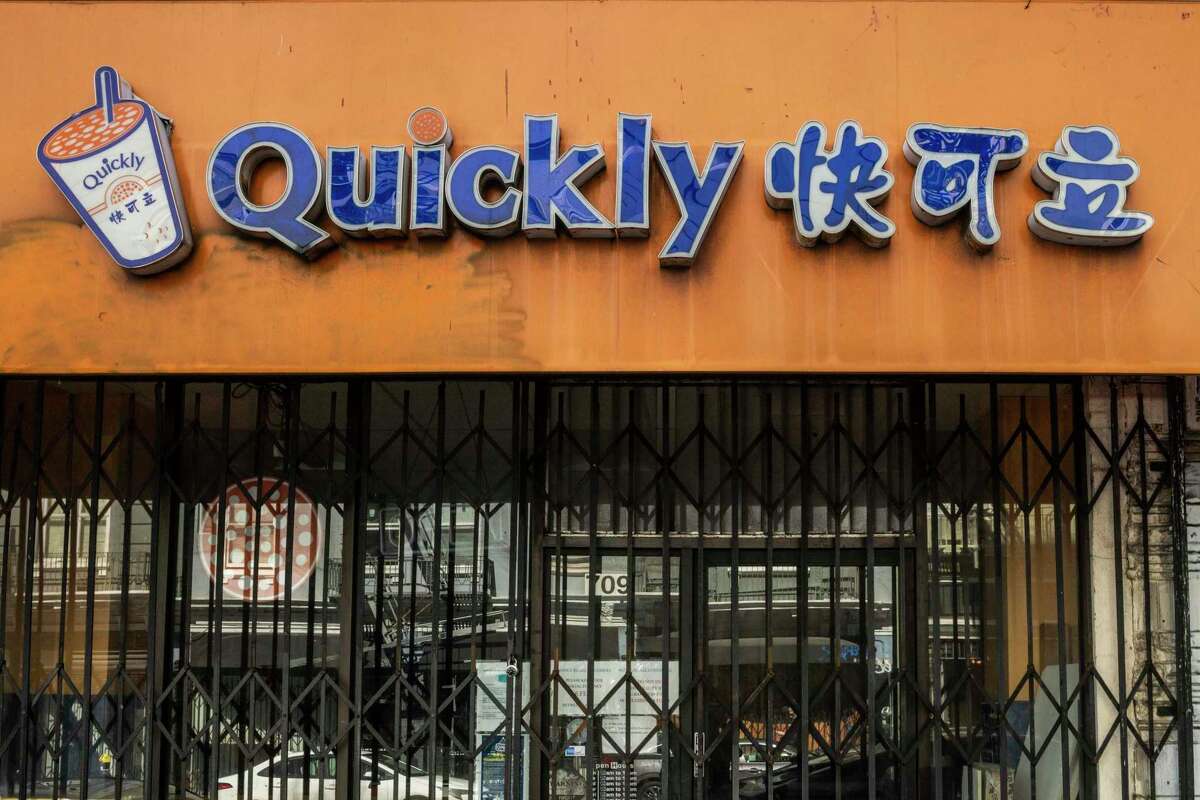 An exterior view of the Quickly boba tea shop on Larkin Street is seen in San Francisco, Calif. Tuesday, May 10, 2022. Quoc Le, 41, whose wife owns the shop in the Tenderloin neighborhood, was arrested following a two-year investigation named Operation Auto Pilot by the San Francisco District Attorney’s Office where the store was suspected to be a front for an international fencing operation where stolen goods from car burglaries were sold and shipped overseas