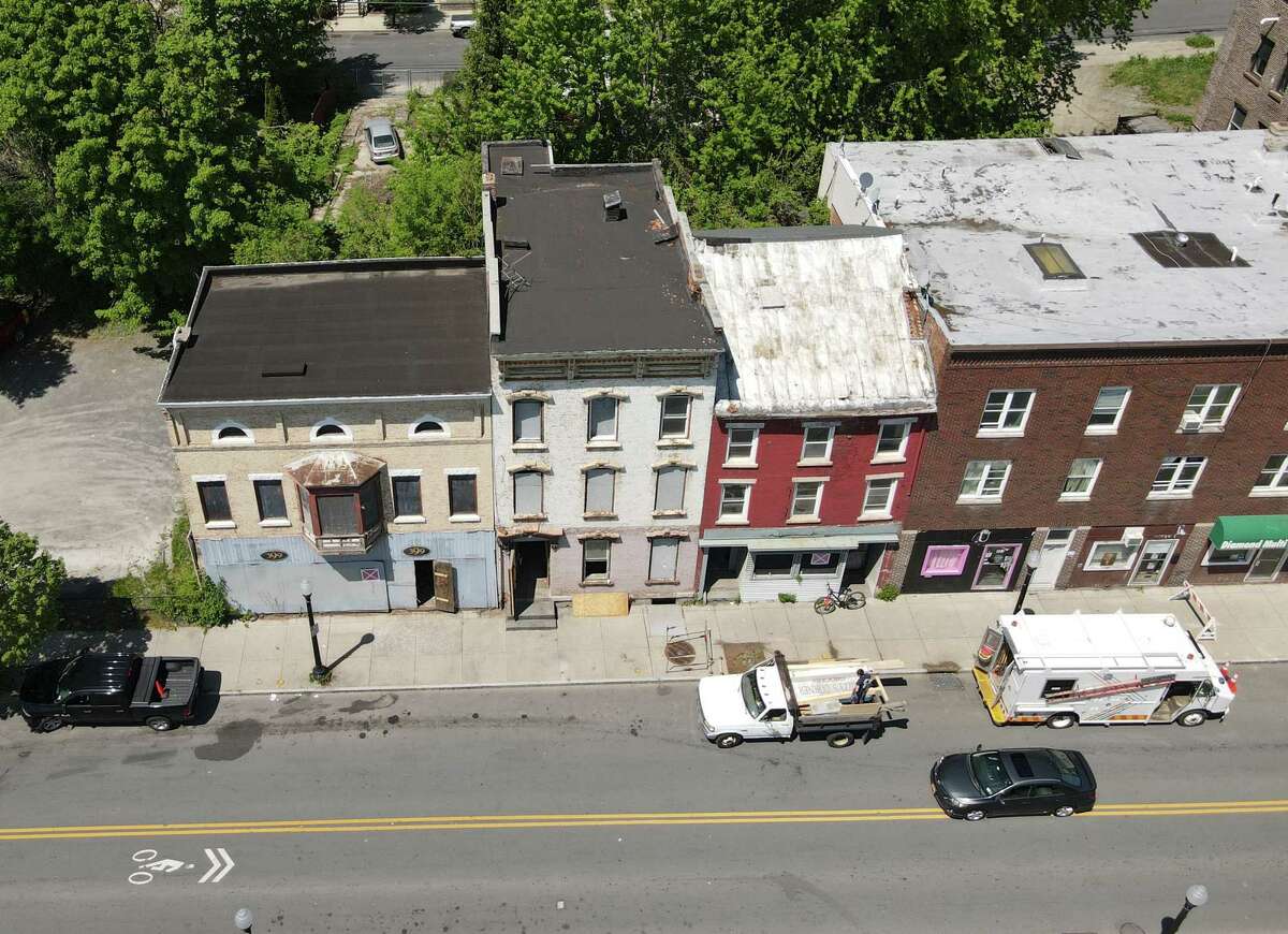 Overhead view of South Pearl Street buildings, left, that are slated for emergency demolition on Thursday, May 12, 2022, in Albany, N.Y.