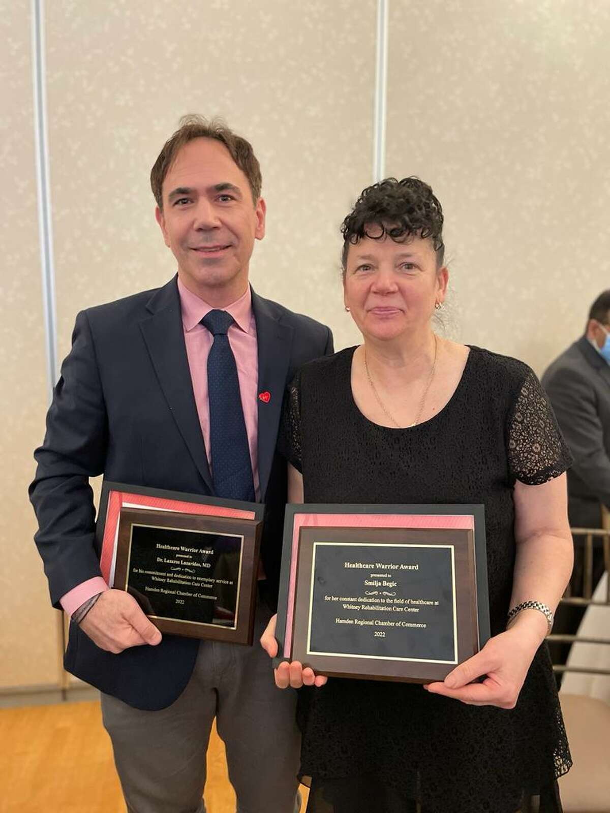 Dr. Lazaros Lazarides, left, and Smilja Begic were recently honored at the Hamden Regional Chamber of Commerce’s second Healthcare Warrior Awards. Lazarides is the medical director at Whitney Rehabilitation Care Center, and Begic is a housekeeper there.
