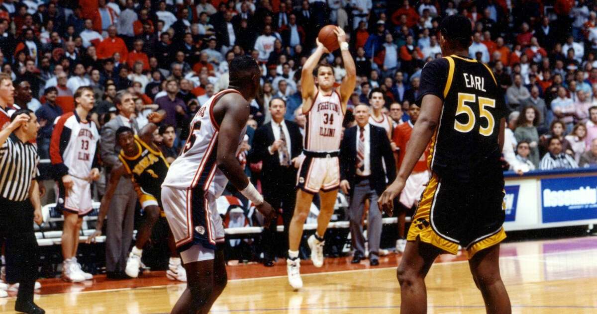 Jacksonville High School graduate Andy Kaufmann squares up to take a last-second shot for the University of Illinois men's basketball team in a game against the University of Iowa at the Assembly Hall in Champaign. Kaufmann made the shot, recognized as one of the greatest shots in the program's history.