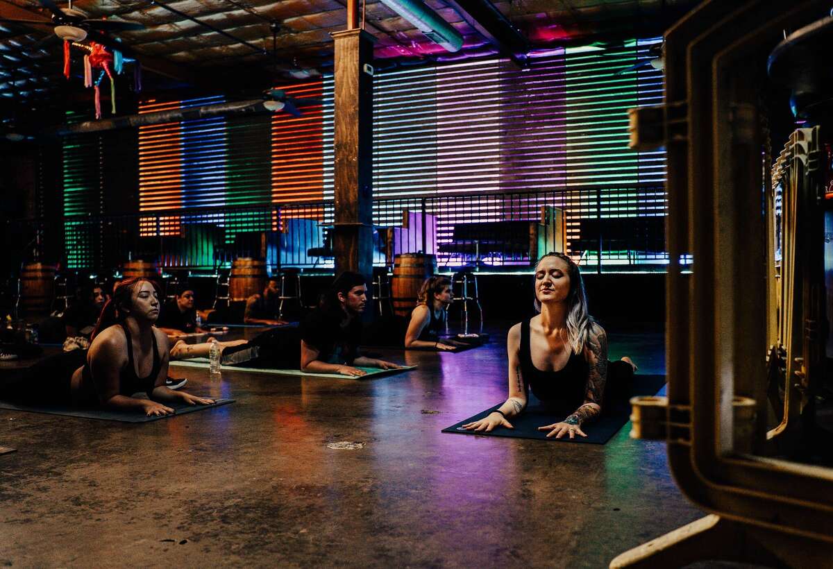 Chey Horner, 28, hosts Emo Yoga every other Wednesday at the Rockbox in San Antonio.